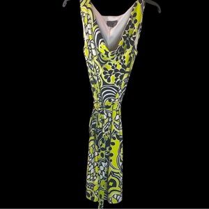 Funky 70’s sleeveless dress by Muse Black, white and lime print women’s size 6